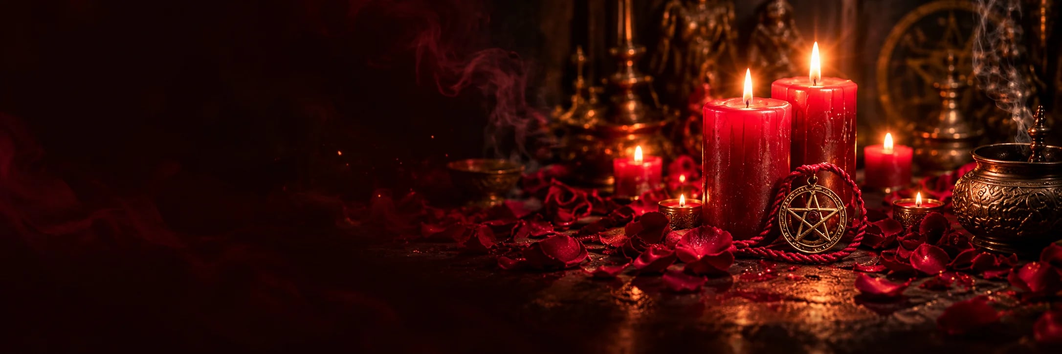 Red candles, rose petals and ritual talisman