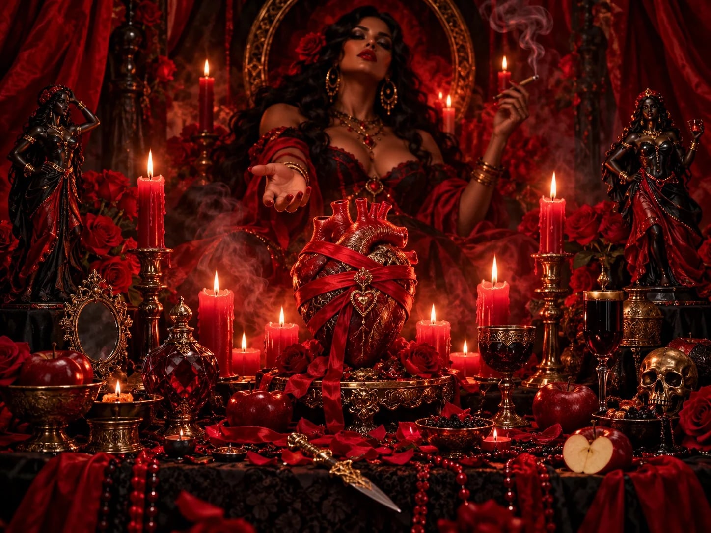 Mystical love ritual altar with a bound heart, apples, rose petals, skull and moonlit atmosphere