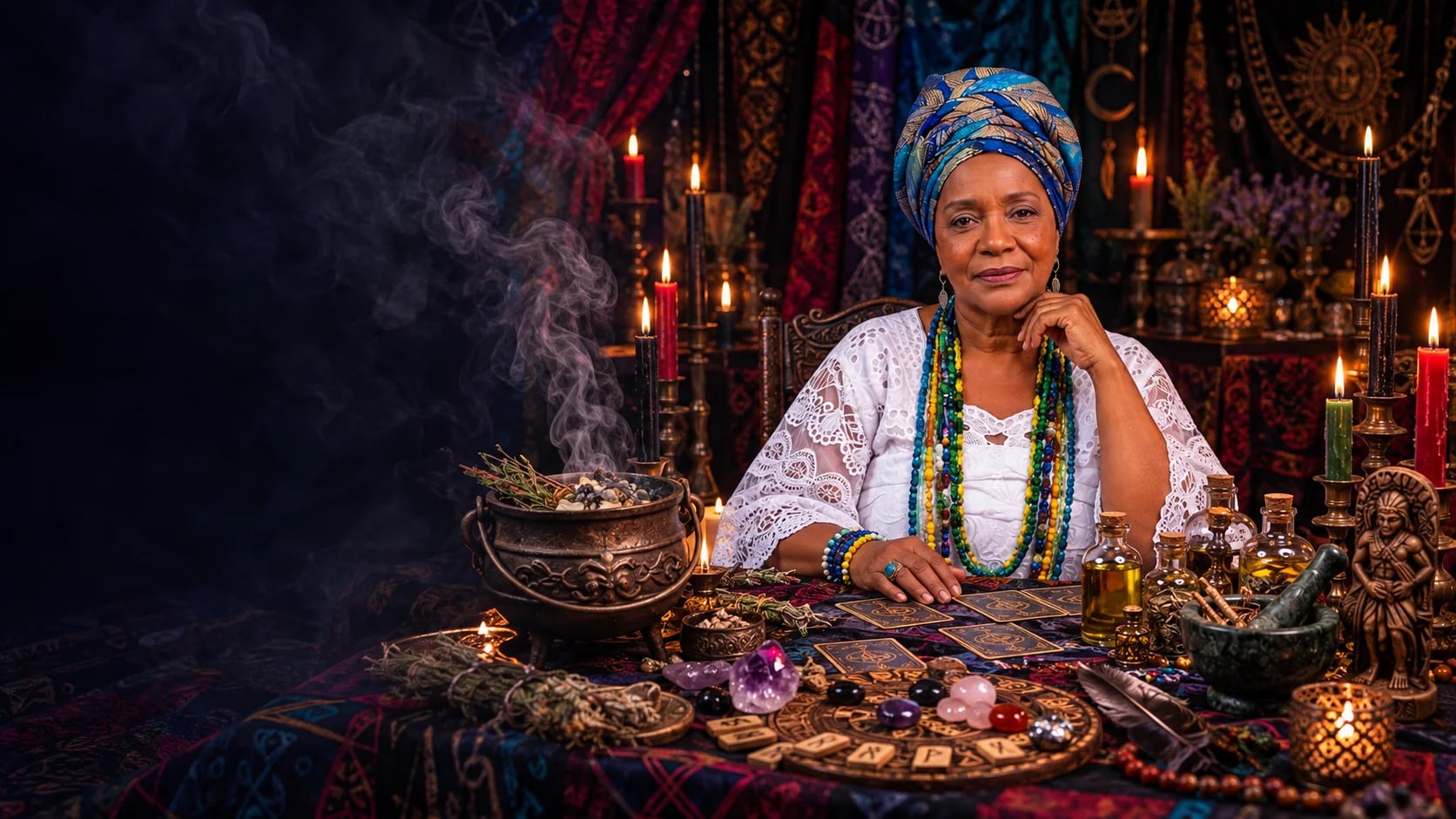 Spiritual guide seated at a ritual table with cards, candles and sacred objects
